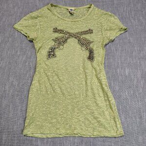 Ransom Ranch‎ T-Shirt Size Medium Green Embellished Sheer Revolver Pistols